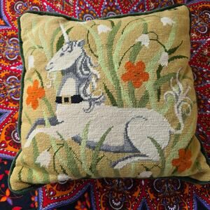 Handmade Needlepoint Unicorn in the Forest 14x14 Pillow